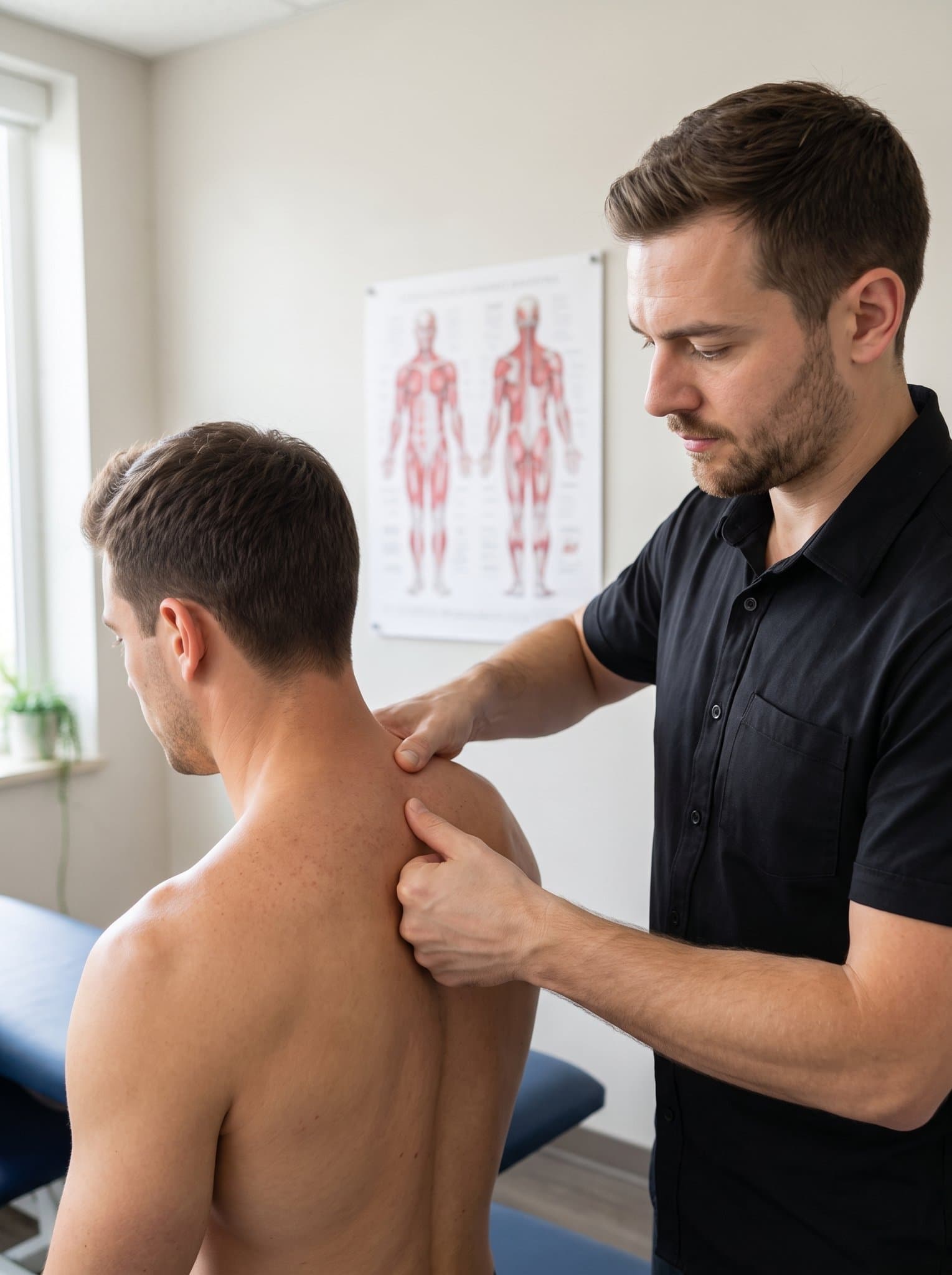 Physical therapist providing hands-on treatment for a patient's shoulder and upper back