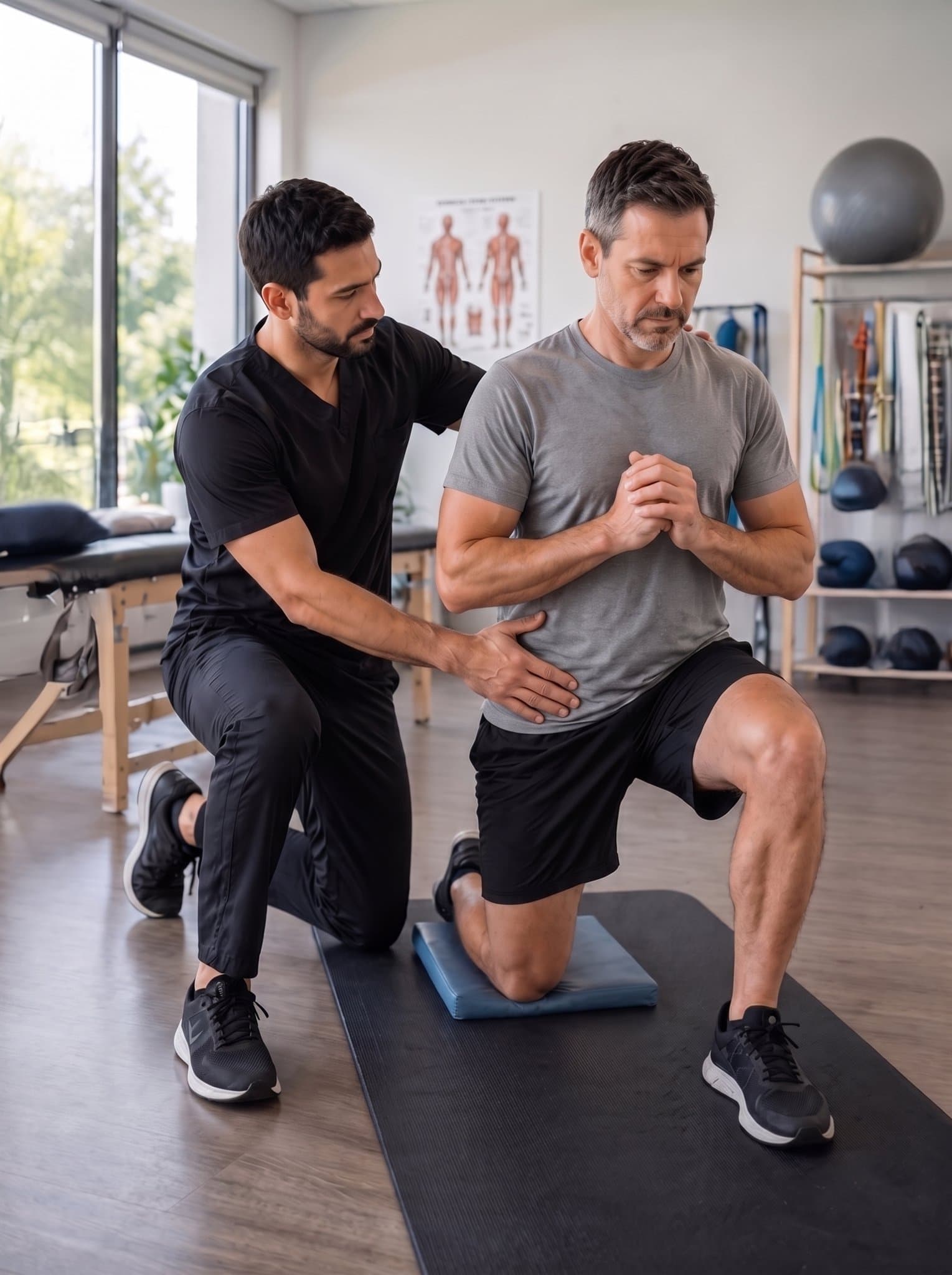 Physical therapist guiding a patient through a kneeling knee exercise in a clinic