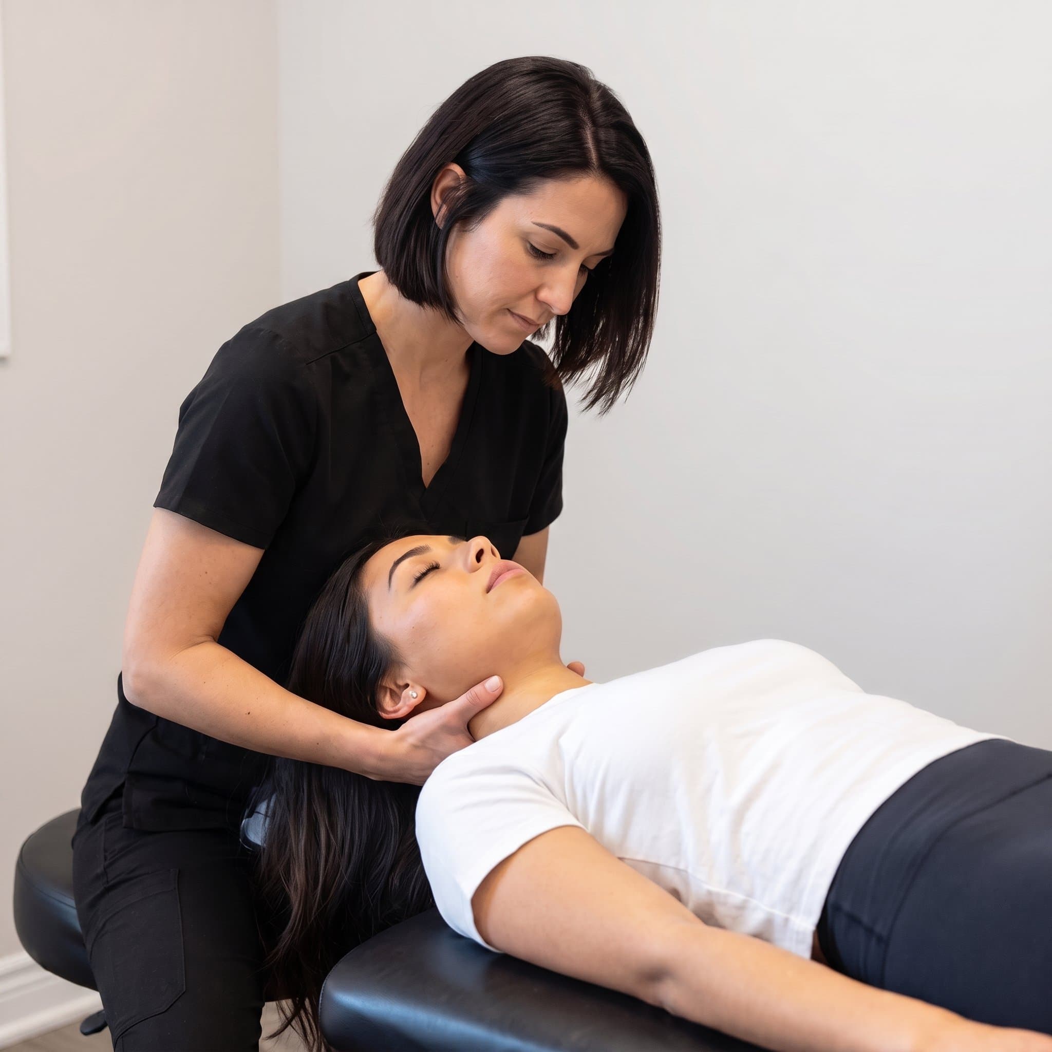 Physical therapist gently supporting a patient's head and neck during vestibular treatment